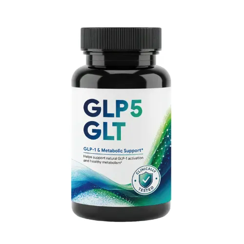 Bottle of GLP5 GLT food supplement capsules